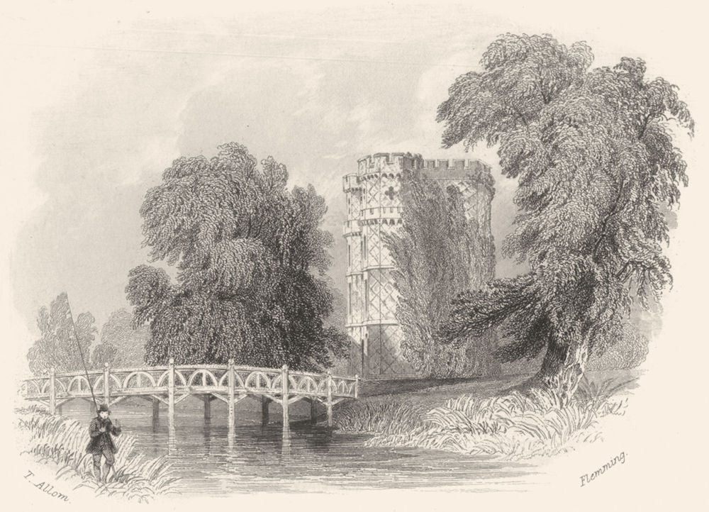 SURREY. Wainflete's Tower as seen from the opposite Meadow. (Allom) 1850 print